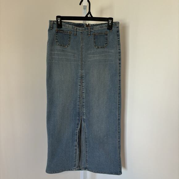 XOXO Jeans Denim Maxi Y2K Boho Skirt Front Pockets Slit Back Zipper Jr. Size 7/8 - Picture 1 of 6